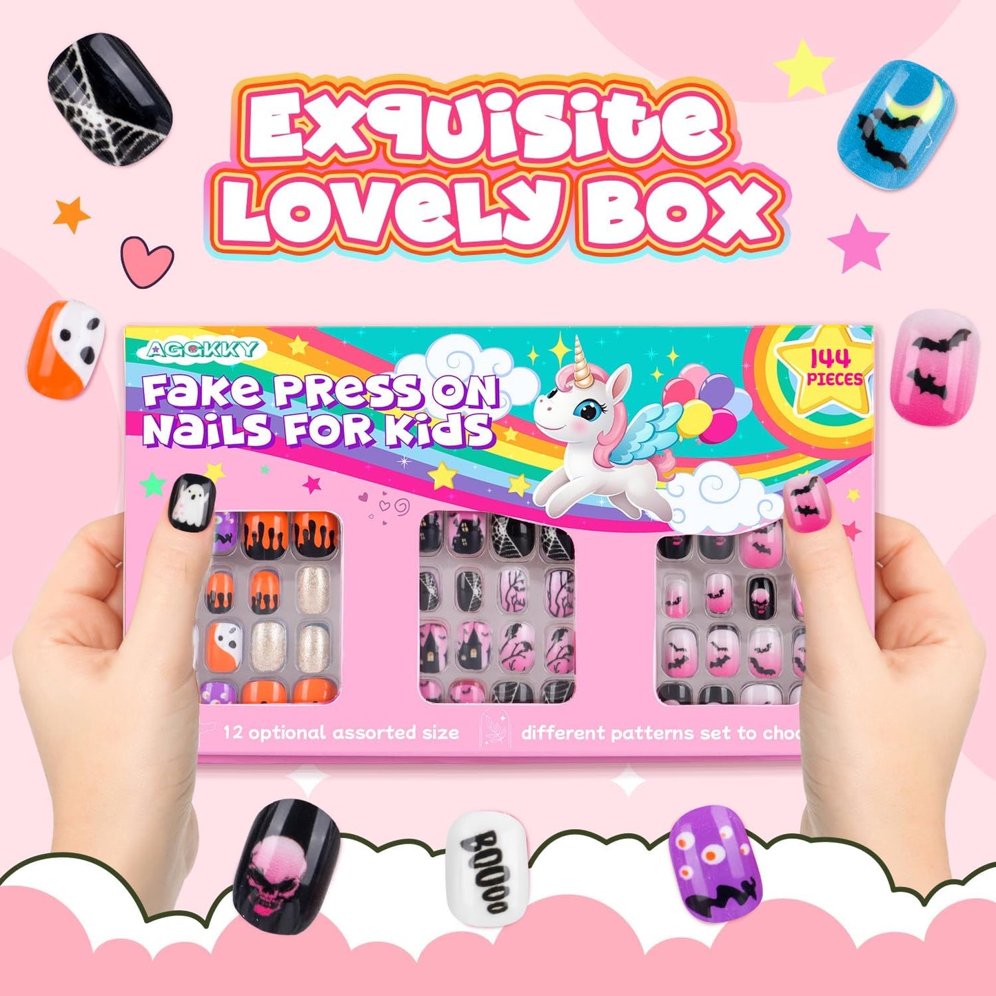 144 Pieces 6 Pack Kids Press on Nails Artificial Fake Nails for Kids Girls Pre Glue Full Cover Short Acrylic False Nail Tips Art Kits Gifts for Girls Nail Art Decoration (Halloween Pattern)