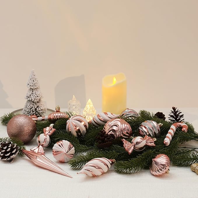 Christmas Ball Ornaments Set Shatterproof Christmas Tree Ornaments 24 PCS Painted Shaped Styles Xmas Tree for Holiday Decor,Rose Gold