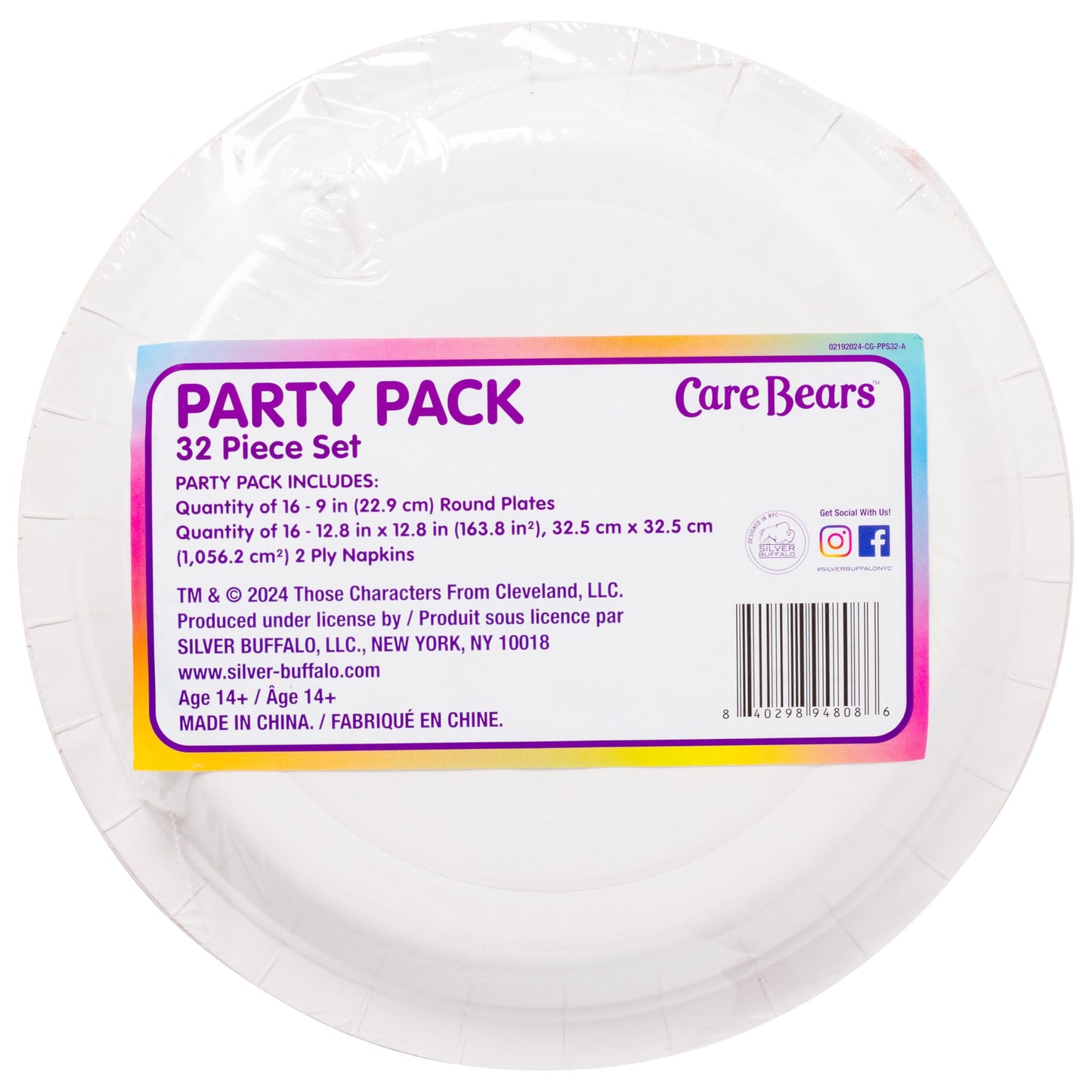 Silver Buffalo Care Bears Featuring Grumpy, Good Luck, Tenderheart, Love-A-Lot, Friend, Cheer, and Birthday 32 Pack Partyware Disposable Paper Plates and Napkins