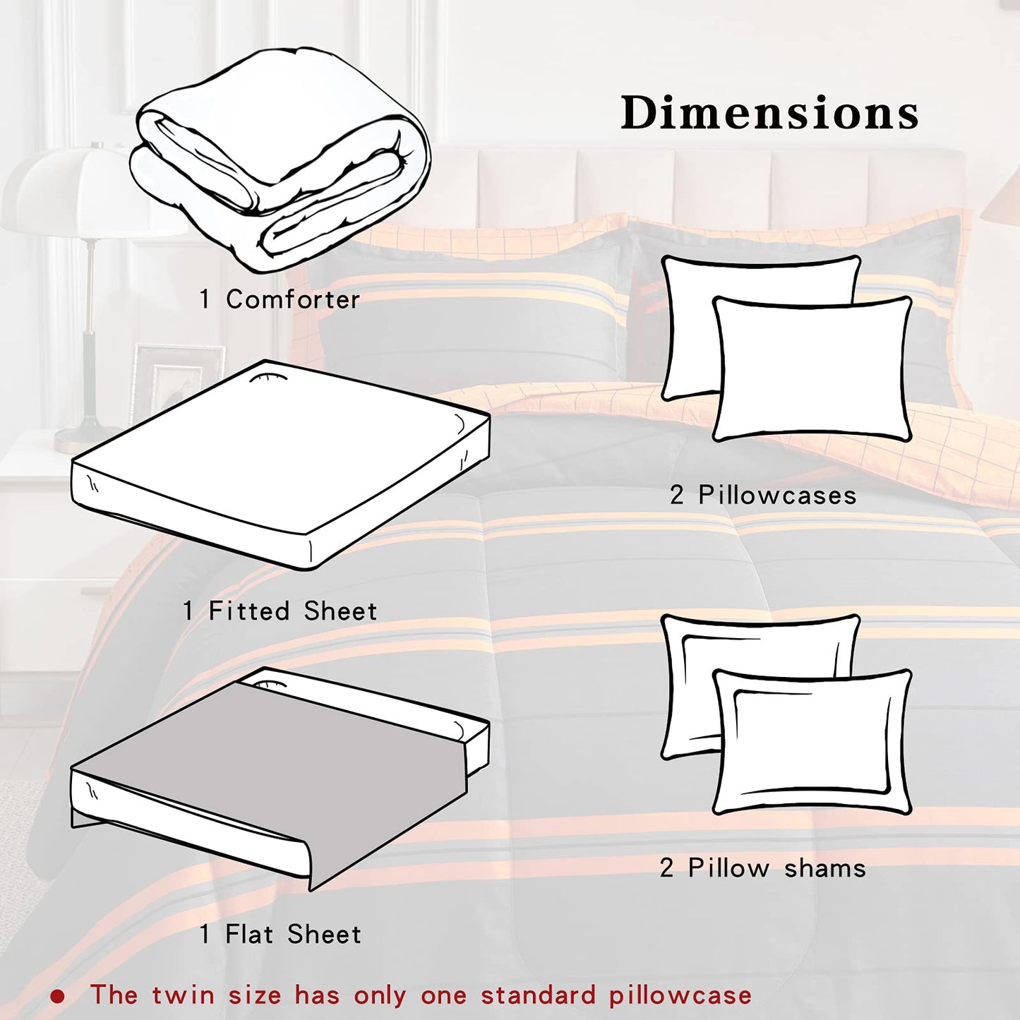 Flysheep Boho Striped Halloween Bed in a Bag 7 Pieces King Size, Ombre Bright Orange Stripes on Black Comforter Sheet Set (1 Comforter, 1 Flat Sheet, 1 Fitted Sheet, 2 Pillow Shams, 2 Pillowcases)