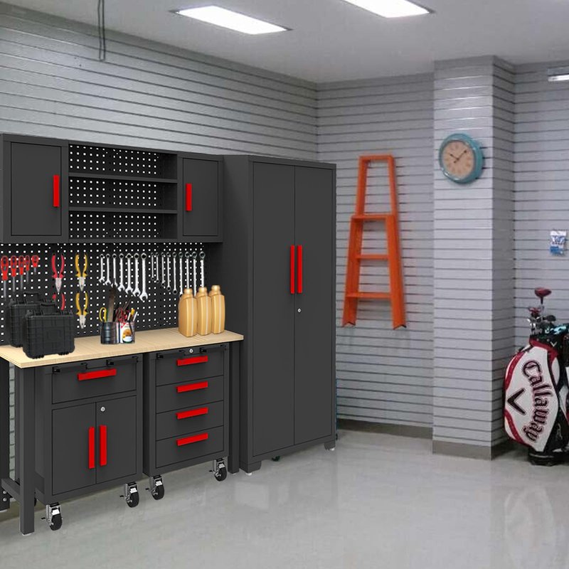 TCE Garage Cabinets Storage System: 6 Piece Set with Lockers and Workbench for Home, Office, Gym, School, Black/Grey