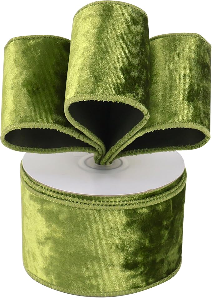 MEEDEE Moss Green Velvet Wired Ribbon 2.5 Inch - 10 Yards Crushed Velvet Christmas Ribbon for Tree Decoration, Wreath Supplies, Crafts Bow Making