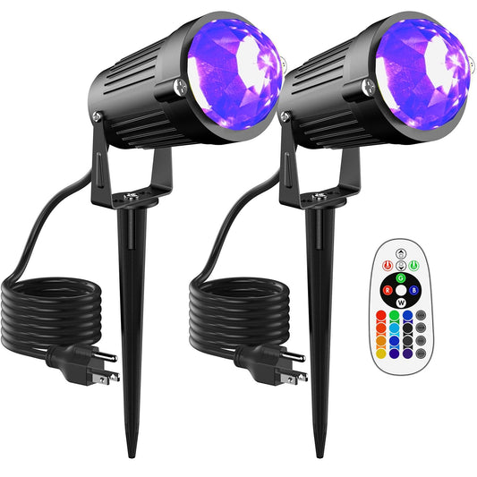 JIAQIYAN Halloween Christmas Outdoor Spot Lights Black Light Projector, 12W IP65 Waterproof LED Spotlight Outdoor Landscape Lighting with 16 Color Changing for Yard Garden Decorations(2Pack)
