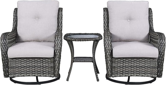 Rilyson Wicker Rocking Chair Swivel Chairs - 3 Piece Rocker Patio Furniture Set Rattan Rocking Bistro Sets with Glass Top Side Table for Outdoor Porch Deck Garden Backyard (Mixed Grey/Beige)