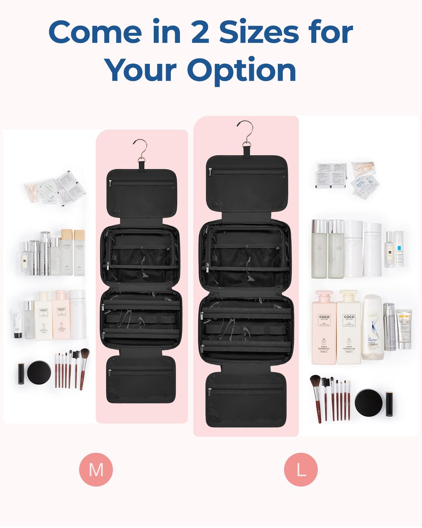 BAGSMART Travel Toiletry Bag with Jewelry Organizer, Hanging Travel Bag for Toiletries, Puffy Makeup Cosmetic Bag Organizer, Carry-on Travel Accessories Essentials, Black-M