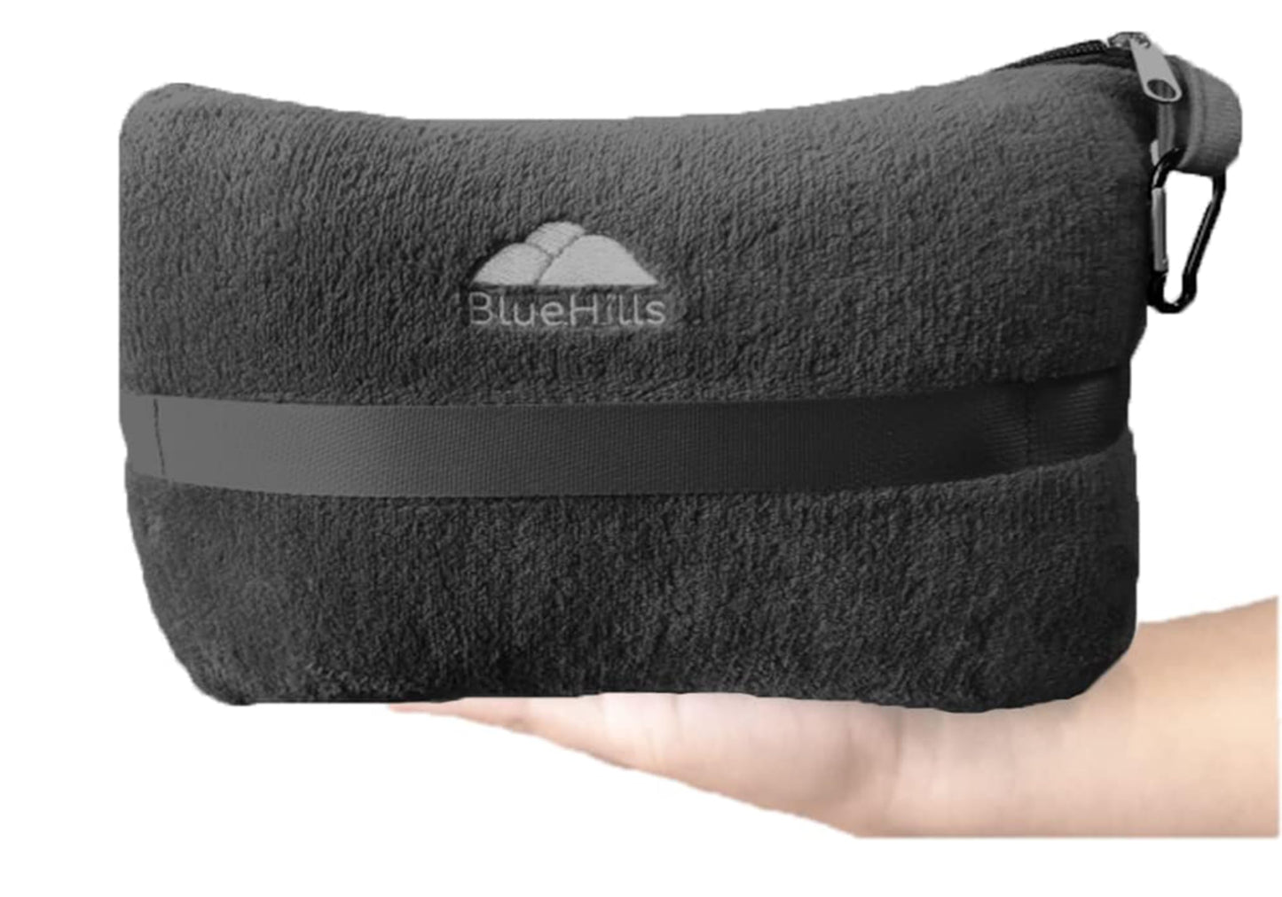 BlueHills Travel Blanket Pillow in Mini Soft Packable Case Premium Plush Airplane Blanket in Portable Compact Pack with Luggage Belt and Carabiner Long Flight Throw Essentials Lightweight- Black M05