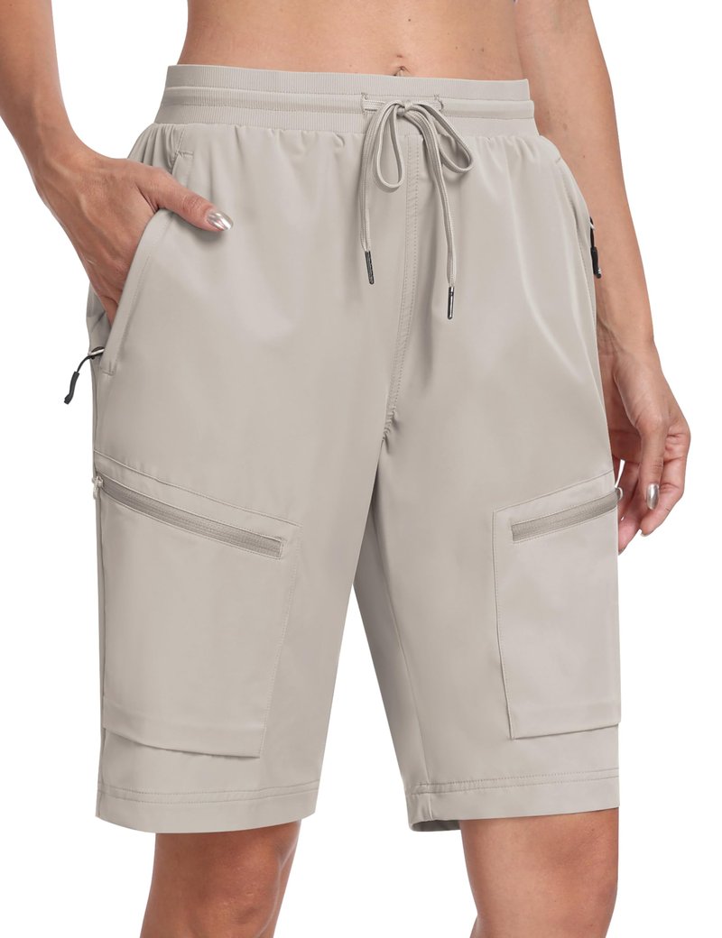 MoFiz Long Shorts for Women Knee Length Quick Dry Half Shorts Women Stretch Womens Long Hiking Shorts Knee Length with Pockets Light Khaki X-Large