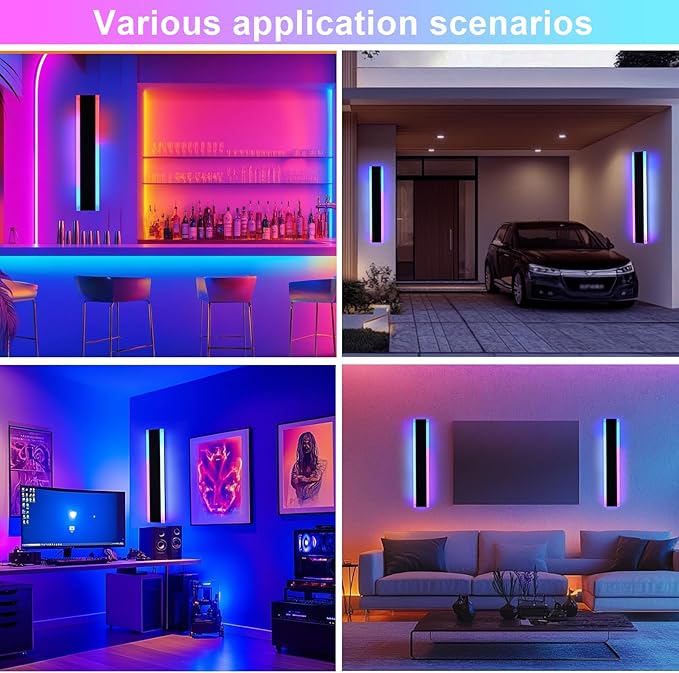 2 Pack Outdoor Long Wall Light for Porch, 24 inch Modern RGB Led Wall Lights Fixture, Dimmable Outside Wall Sconce Linear Lights, Exterior Lighting Fixtures for Garage, Patio, Front Door