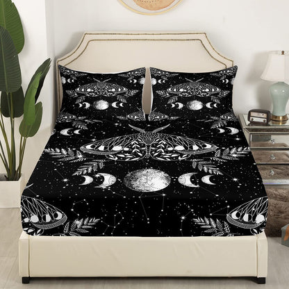 Erosebridal Gothic Moth Sheet Set Twin Size Skeleton Halloween Boho Death Moth Decor Flat Sheet Animal Skeleton Skull Bed Sheet Bohemian Sun and Moon Fitted Sheet with 1 Pillowcase
