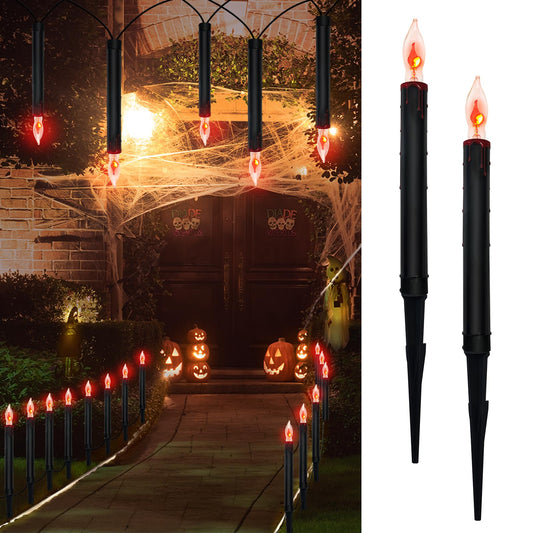 Halloween Pathway Lights Outdoor, 19.5Ft Halloween Pathway Marker String Lights with 10 C18 Flicker Flame Black Candles Stakes Lights Plug in Walkway Light for Lawn Garden Sidewalk Driveway