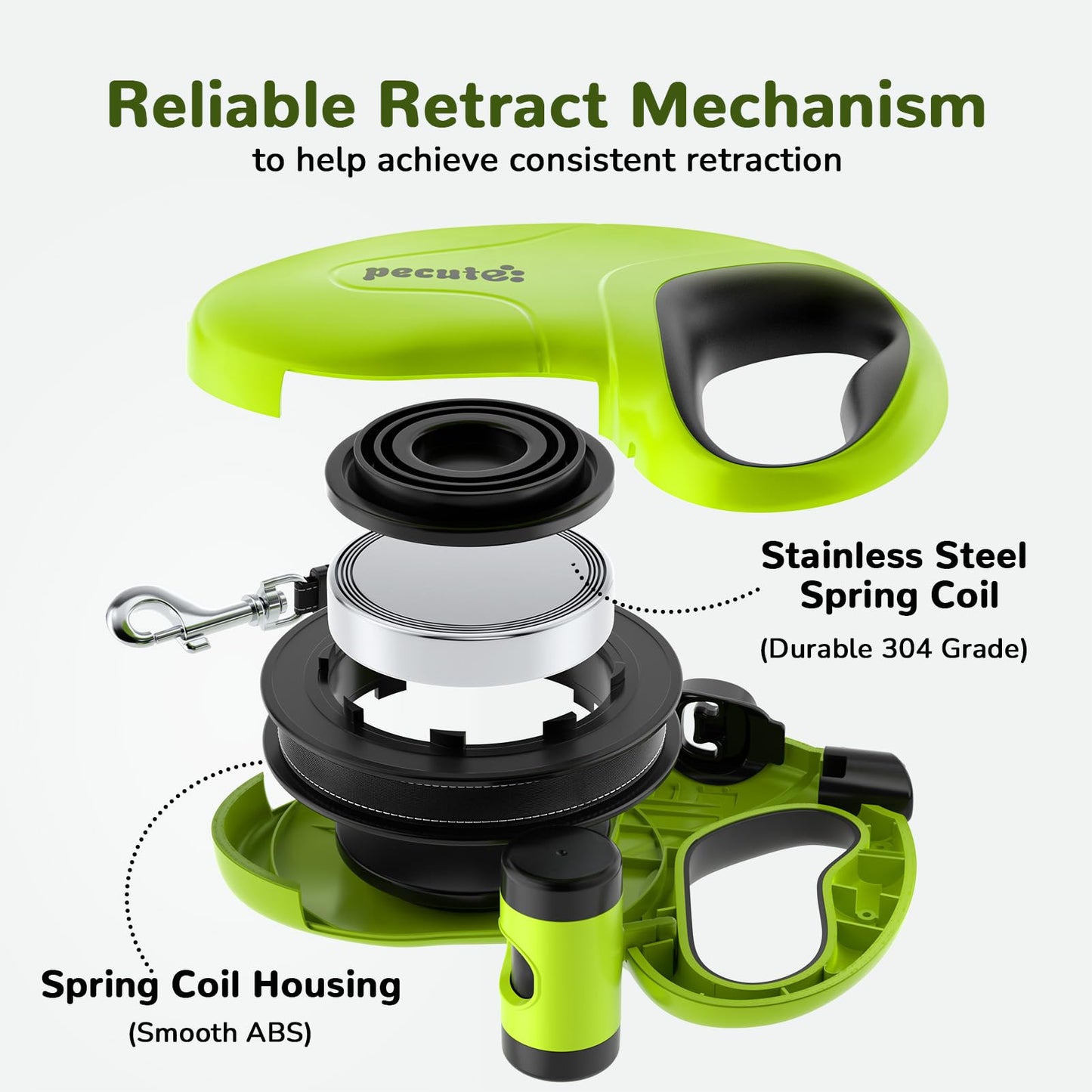 Pecute Retractable Dog Leash with Poo Bag Holder, 10m/32ft Extended dog Leash with 360° Tangle-Free, Anti-Slip Handle and Quick Brake Button, Suitable for Dogs Up to 110lbs/50kg in Weight