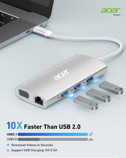 Acer USB C Hub with 4k@30Hz HDMI, 9-in-1 USB C to Ethernet Adapter, 5Gbps USB-A 3.1 Docking Station, PD 100W Charging, SD Card Reader, USB to VGA Splitter for MacBook, Acer, Laptops, Surface (Silver)