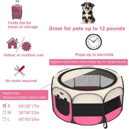 Portable Pet Playpen, 8-Panel Indoor/Outdoor Puppy Pen with Shade Cover & Travel Bag - Waterproof Dog Cat Tent Includes Collapsible Bowl