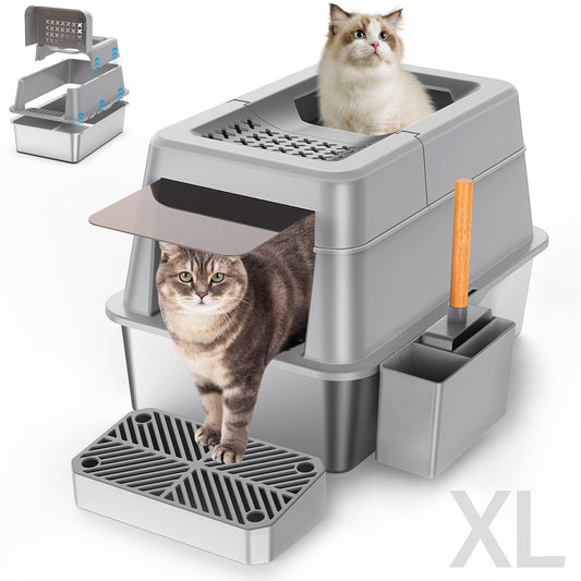 Aphyxen Stainless Steel Litter Box with Lid, XL Extra Large Enclosed Cat Litter Box for Big Cats 110° Flip Cover, Top Entry Metal High Sided Cat Box & Pedal & Scoop, Anti-Leakage (Grey)