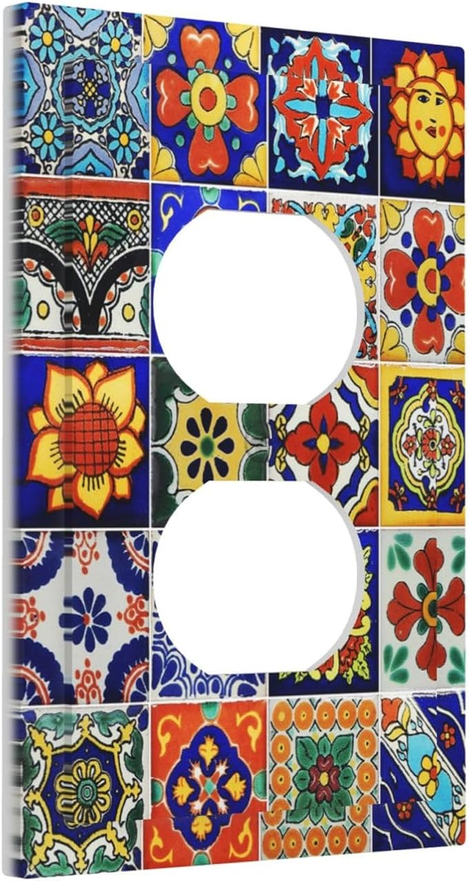 Traditional Colorful Talavera Mexican Spanish Moroccan Tiles 1 Gang Duplex Receptacle Switch Wall Plate Decorative Switchplate Outlet Covers Electrical Plug Cover Faceplate for Home Decor