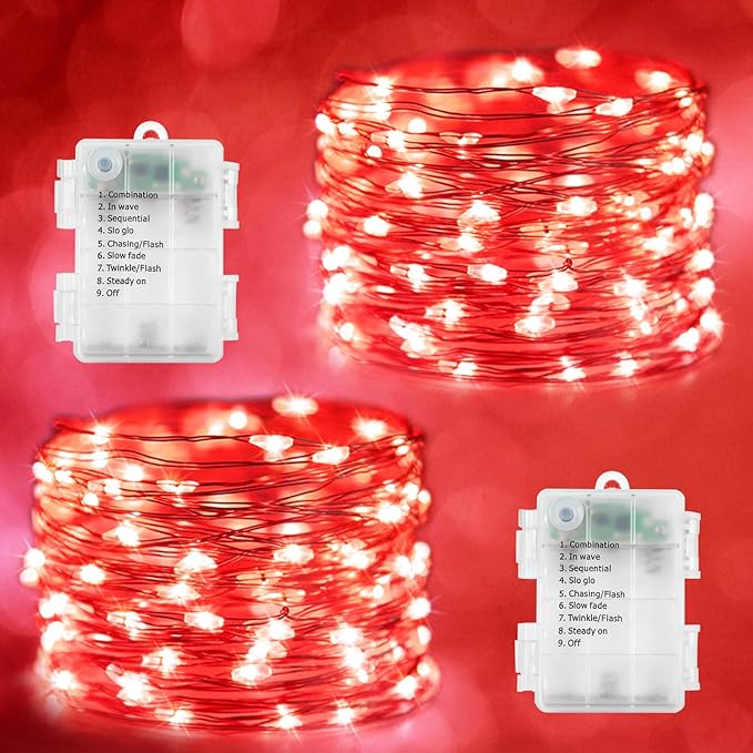 echosari 2 Pack Red Fairy Lights Battery Operated 200 LED 66Ft Silver Wire Starry String Lights Auto Timer 8 Modes Waterproof Mini Fairy Lights for Outdoor Indoor Garden Wedding Decor (Red)