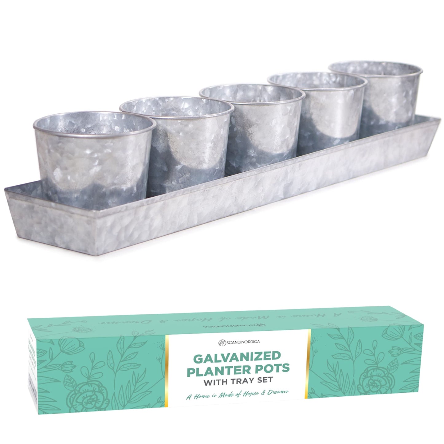 SCANDINORDICA Galvanized Herb Planter – 5 Herb Pots with Drainage Holes and Tray, Windowsill Planter, Indoor Herb Garden Planter Outdoor, Herb Pots for Indoor Plants | Windowsill Herb Garden