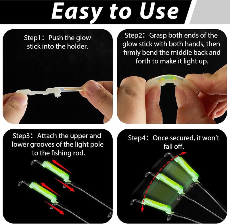 Fishing Glow Sticks - 200PCS Mini Green Rod Tip Lights for Night Fishing | Includes 40 Attachments Clips