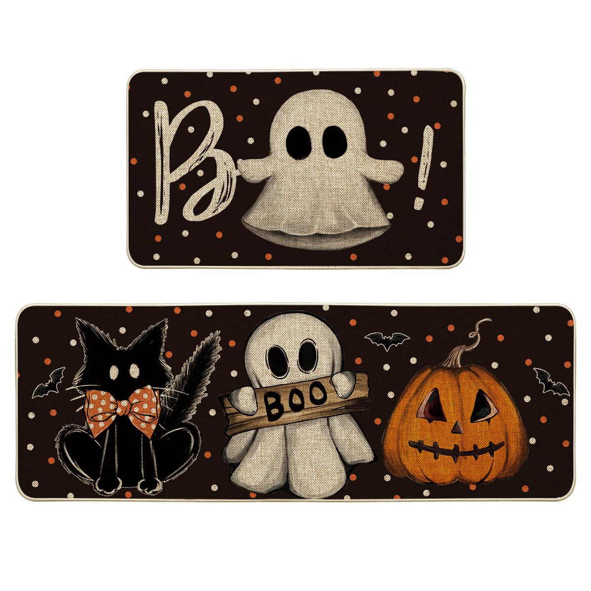 Artoid Mode Bats Black Cats Boo Pumpkin Halloween Kitchen Mats Set of 2, Home Decor Low-Profile Kitchen Rugs for Floor - 17x29 and 17x47 Inch