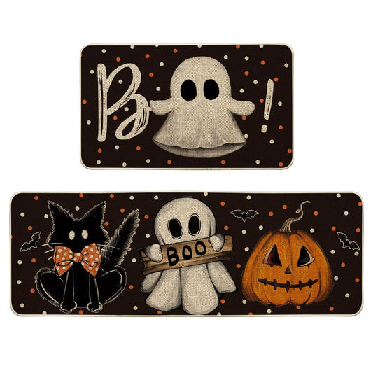Artoid Mode Bats Black Cats Boo Pumpkin Halloween Kitchen Mats Set of 2, Home Decor Low-Profile Kitchen Rugs for Floor - 17x29 and 17x47 Inch