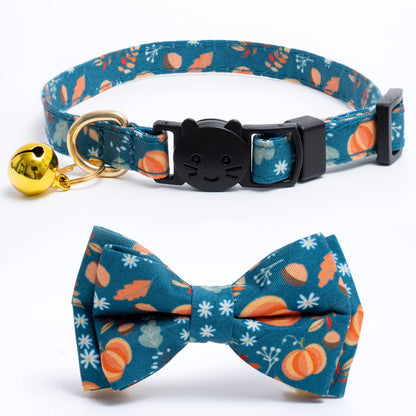 2 Pack Cotton Fall Cats Collar with Bow Tie Orange Green Cat Collars for Girl Female Boy Male Cat Collar with Bell Halloween Collars for Cats