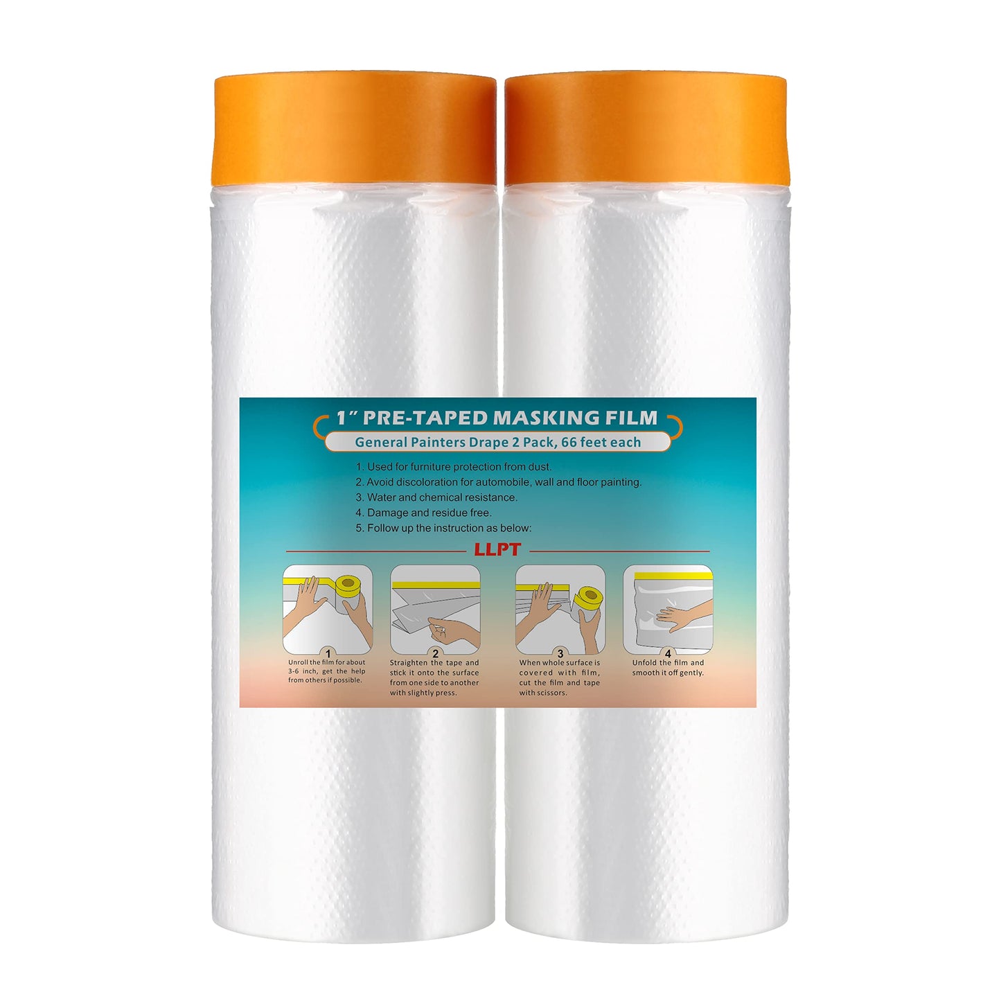 LLPT Tape and Drape Pre-Taped Masking Film | 2-Pack | Versatile Painter's Plastic Dust Sheets for Auto Wall Furniture Painting and Spraying Protection (MFT1502) | 150cm(Unfolded) x 20m
