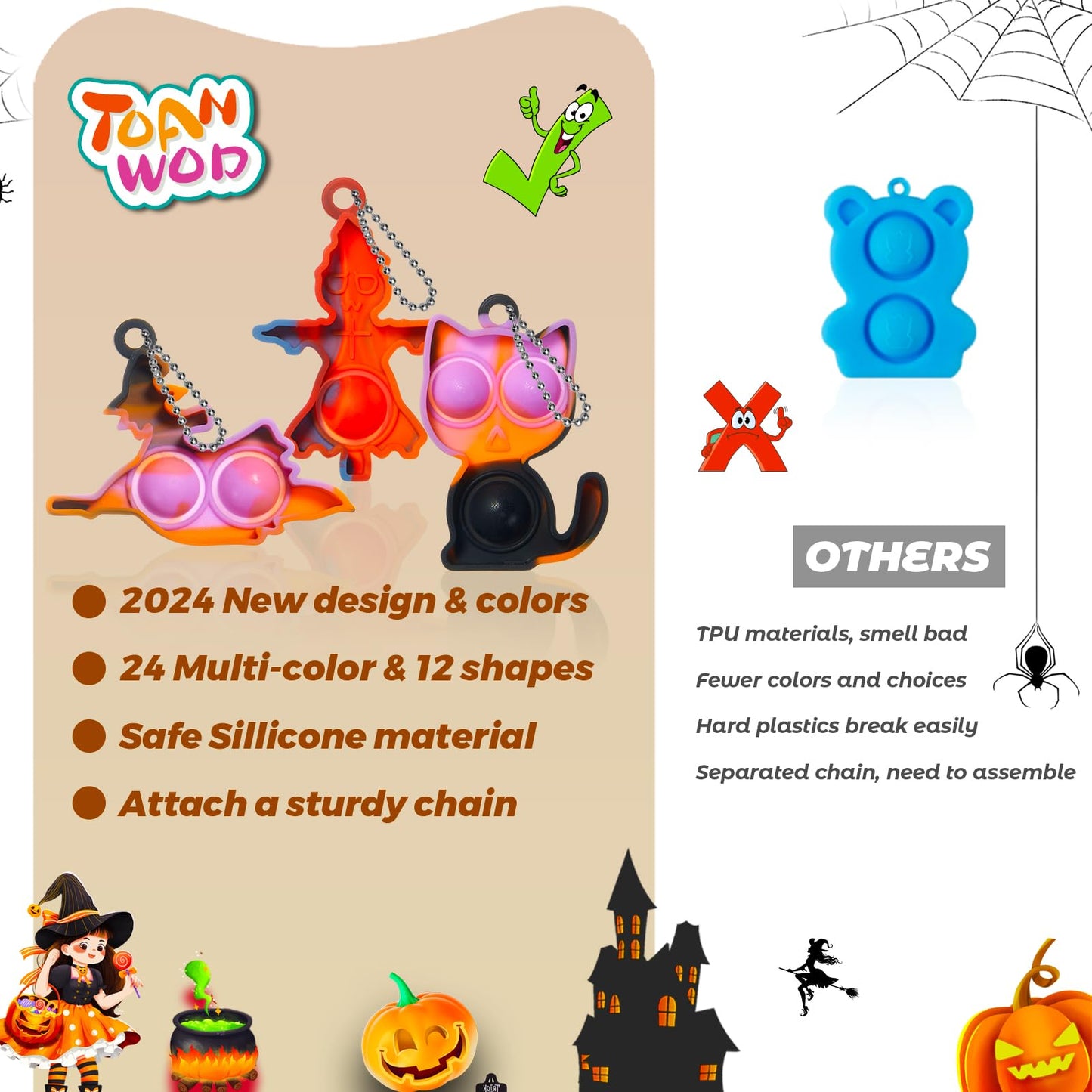 TOANWOD 24PCS Halloween Party Favors Mini Fidget Pop Keychain: Halloween Toys Bulk Cheap - Trick or Treat Toys Non Candy - Goody Bag Stuffers for Kids Classroom School Prizes (24Keychains + 24Cards)