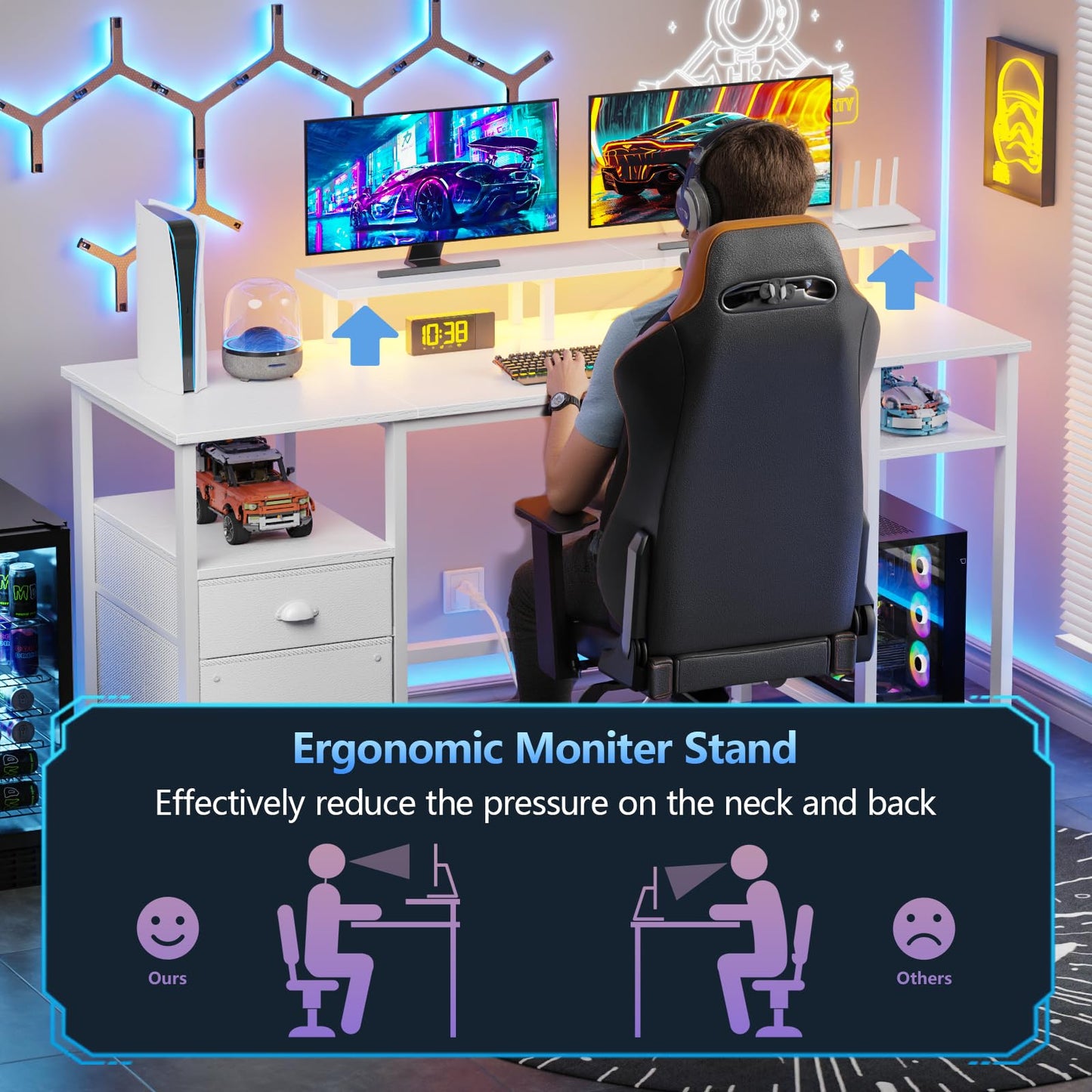 Furologee 61" Desk with LED Light & Power Outlets, Reversible Computer Table with File Cabinet & Drawer, White Gaming Desk Writing Table with Dual Monitor Stand, for Home/Office/White