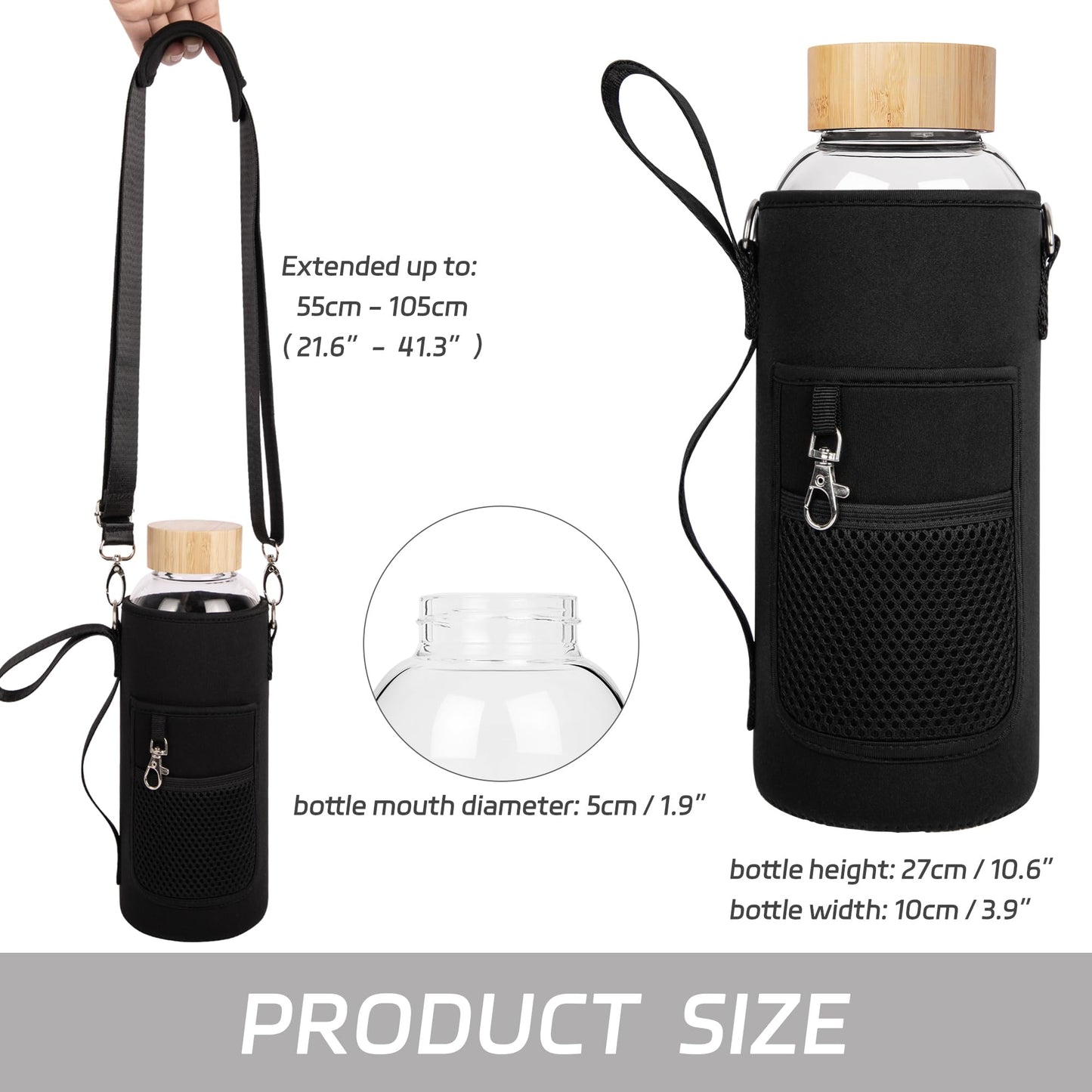 Ferexer 48 oz Sports Borosilicate Glass Water Bottle with Bamboo Lid with Neoprene Sleeve