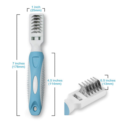 Pets First Professional Pet Mat Remover - Dematting Tool for Grooming Cats & Dogs - Removes Matted Fur, Tangles, Knots, Loose Hair & Dirt - Stainless Steel, Gentle Teeth,Blue,7 x 1 inches