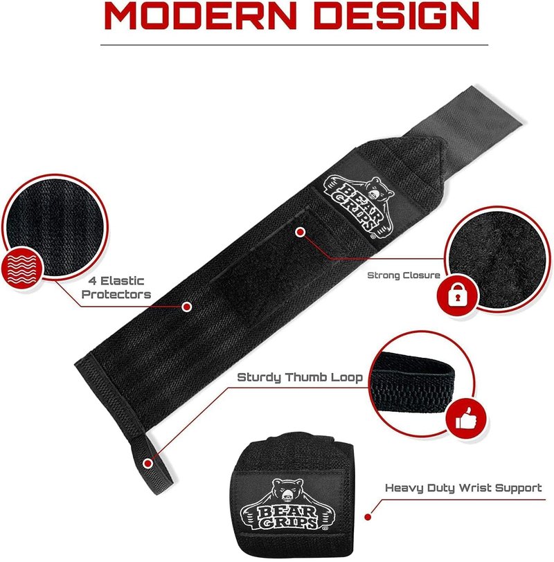 Bear Grips Extra Strength Gym Wrist Wraps for Weightlifting | 2 Compression Protectors | Quad Stitching | 18 Inches | Black, Unisex