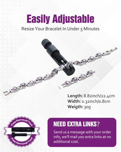 Jecanori Magnetic Bracelet for Women - Titanium Steel Wristband with Sparkling Heart-shaped Cubic Zirconia, Women's Bracelet with Removal Tool & Gift Box, Purple