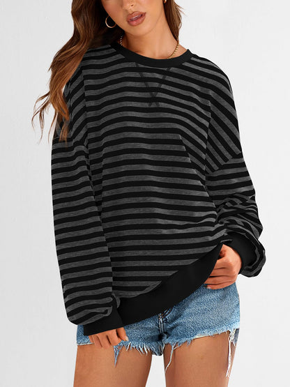 PRETTYGARDEN Women Oversized Striped Color Block Long Sleeve Crew Neck Sweatshirt Casual Loose Pullover Y2K Shirt Top (Black Dark Grey, X-Large)