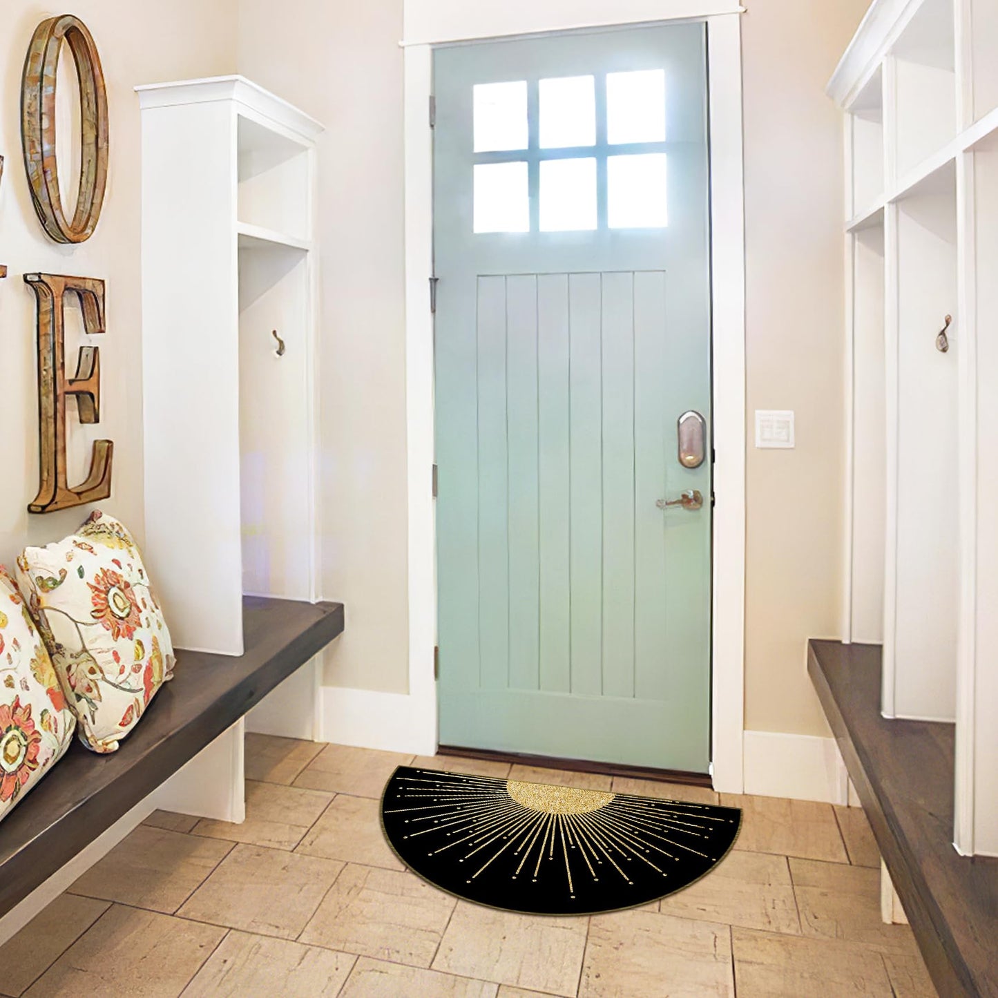 Mingnei Boho Black Gold Sun Linen Doormat Door Mat for Home Kitchen Entrance, Bohemian Sunburst Sunshine Rug, Boho Gifts for Women Girls House Front Outdoor Outside Entryway 30x17 Welcome Mat