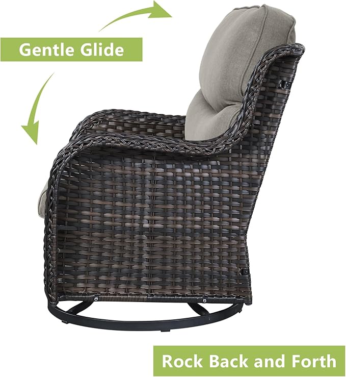 Rilyson Wicker Rocking Chair Swivel Chairs - 3 Piece Rocker Patio Furniture Set Rattan Rocking Bistro Sets with Glass Top Side Table for Outdoor Porch Deck Garden Backyard (Brown/Grey/Smile)
