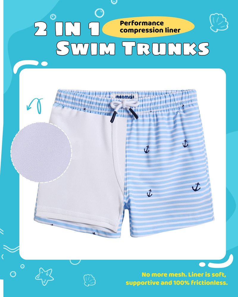 maamgic Boys Swim Trunks with Compression Liner Toddler Stretch Swim Shorts Quick Dry Swimming Trunks Boxer Brief 2 in 1 Beach Shorts White Blue Striped 7