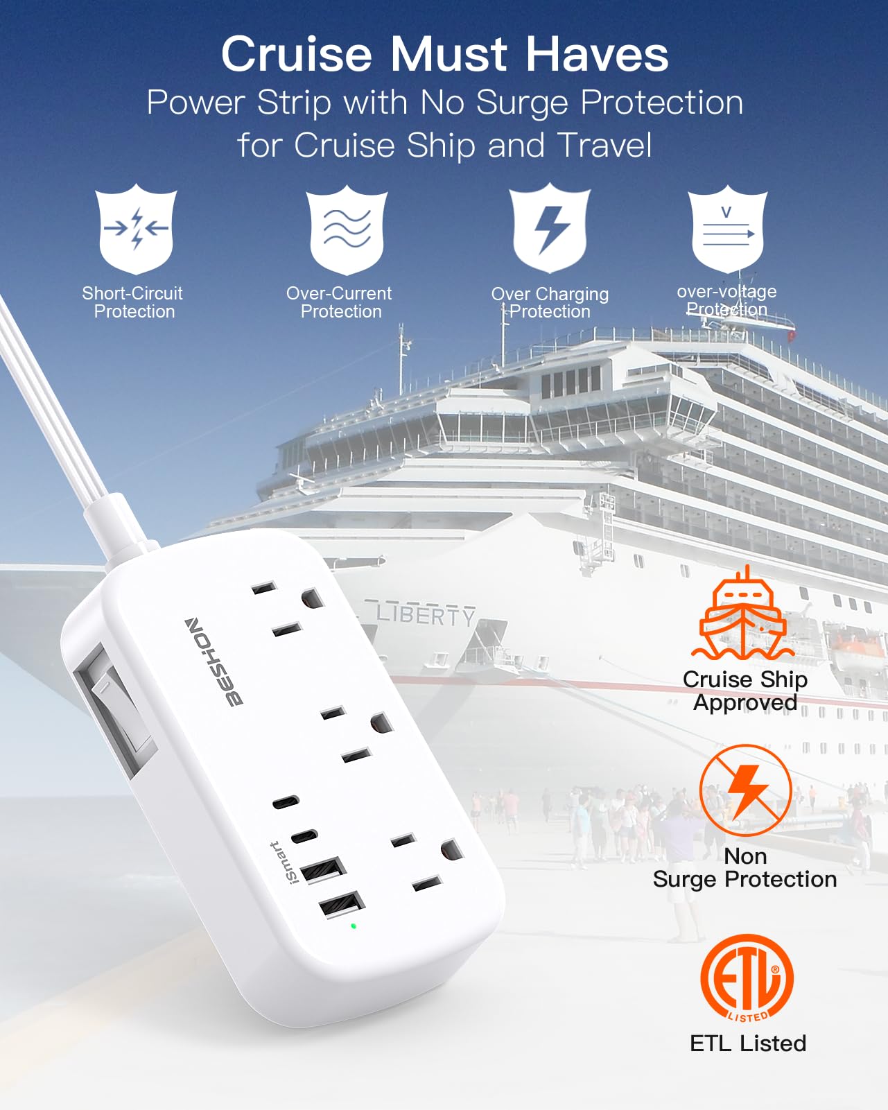 Flat Extension Cord, BESHON 5FT Flat Plug Power Strip with USB C, 6 Outlets 4 USB Port(2 USB C), No Surge Protector, Cruise Ship, Dorm Room Travel Essentials