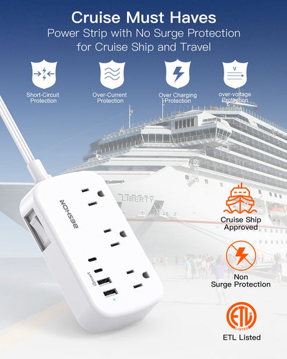 Flat Extension Cord, BESHON 5FT Flat Plug Power Strip with USB C, 6 Outlets 4 USB Port(2 USB C), No Surge Protector, Cruise Ship, Dorm Room Travel Essentials