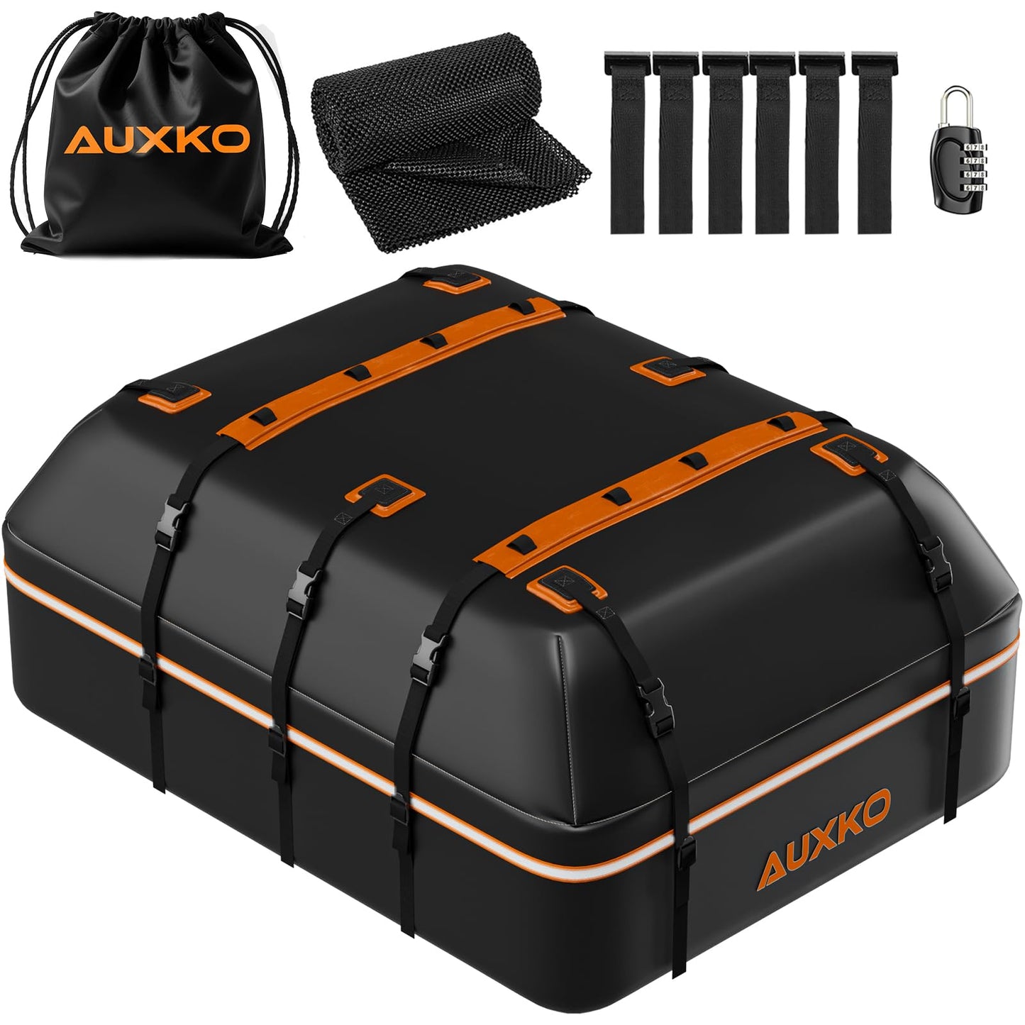 AUXKO 22 Cubic Ft Waterproof Rooftop Cargo Carrier Bag for All Vehicles with/Without Roof Rack, Soft Shell Car Roof Bag with Reflective Strip Includes Anti-Slip Mat, 6 Door Hooks & Combination Lock