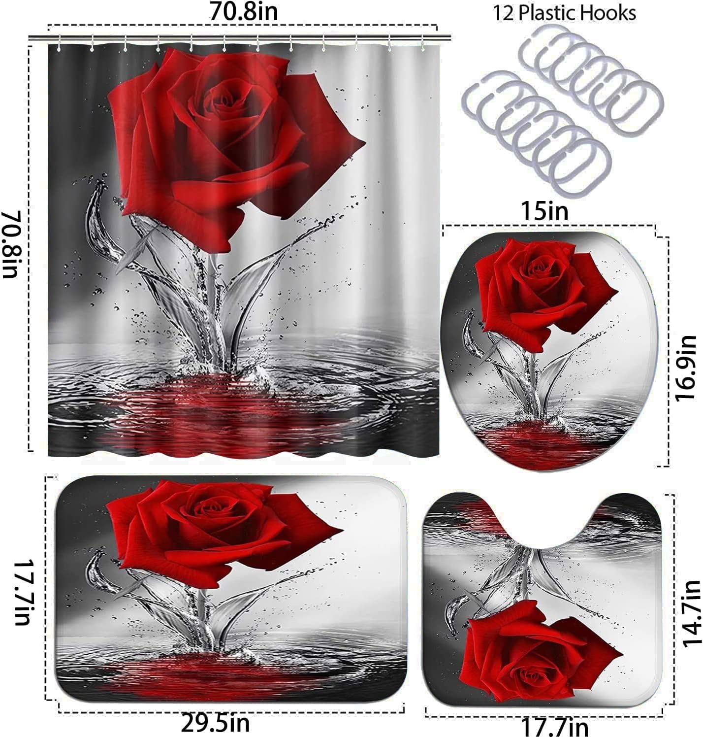 4Pcs Red Rose Shower Curtain Sets, Romantic Water Red Rose Bathroom Sets with Shower Curtain and Rugs Toilet Lid Cover Bath Mat, Waterproof Fabric Rose Gift Halloween Shower Curtains with Hooks