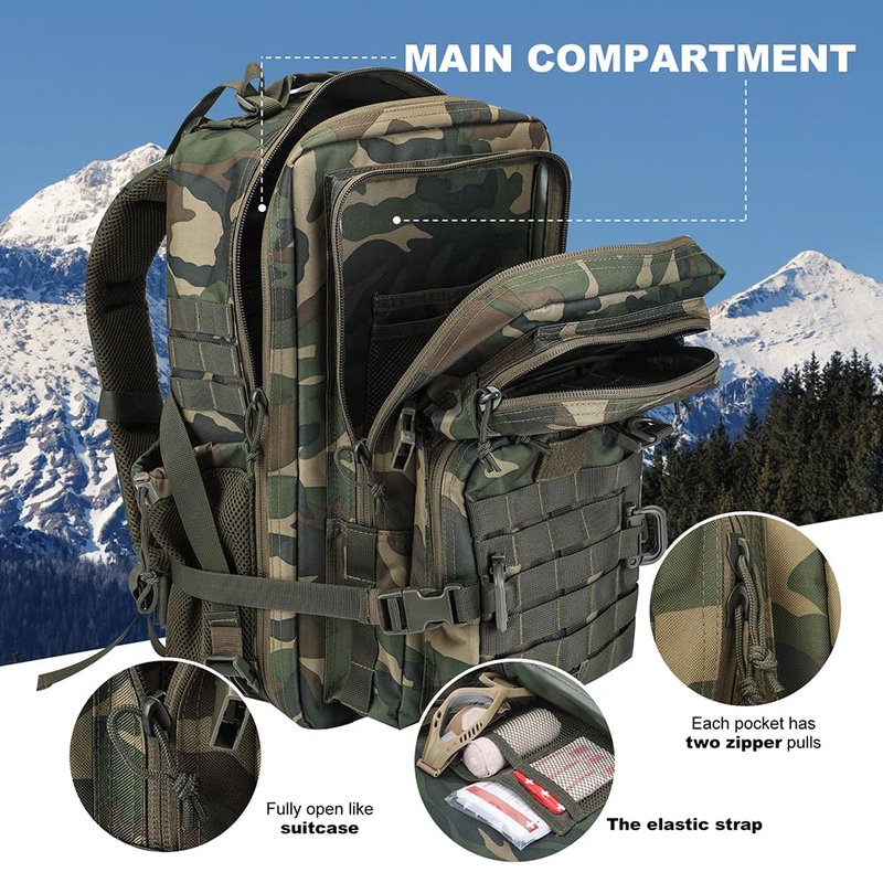 Hannibal Tactical 45L MOLLE Assault Backpack, Tactical Backpack Military Army Camping Rucksack with Bottle Holder, 3-Day Pack Trip w/USA Flag Patch, D-Rings, US Woodland