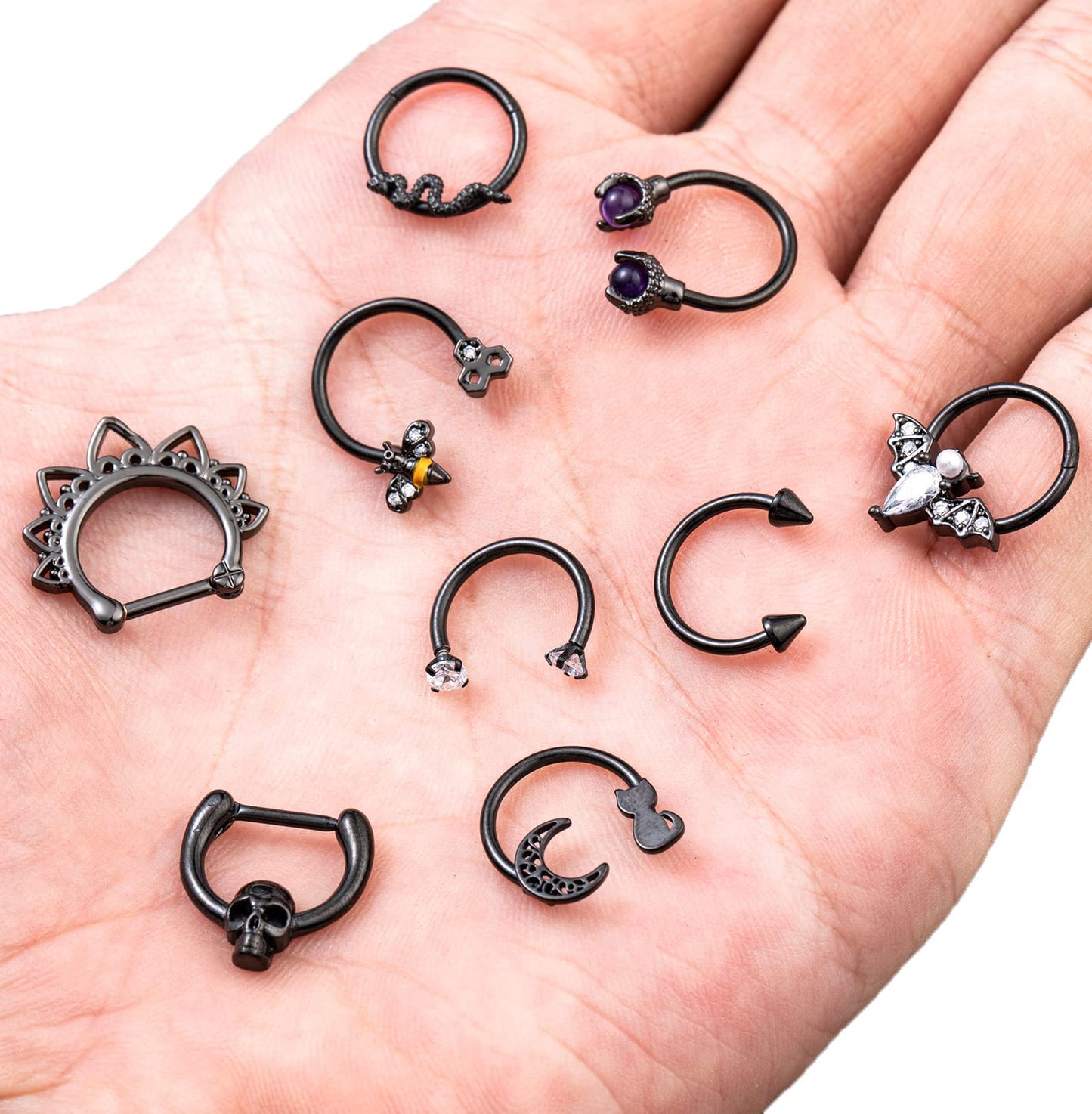 LOREMOW 9 PCS 16G Stainless Steel Horseshoe Septum Rings for Women Cartilage Helix Tragus Earrings Daith Earrings Hoop Snake Bat Gothic Piercing Jewelry B