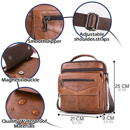 SPAHER Men Leather Handbags Shoulder Bags Messenger Business Bag Crossbody Satchel Sling Waterproof Travel Bag Daily Man Bag with Adjustable Shoulder Strap for Ipad 11 Inch Brown