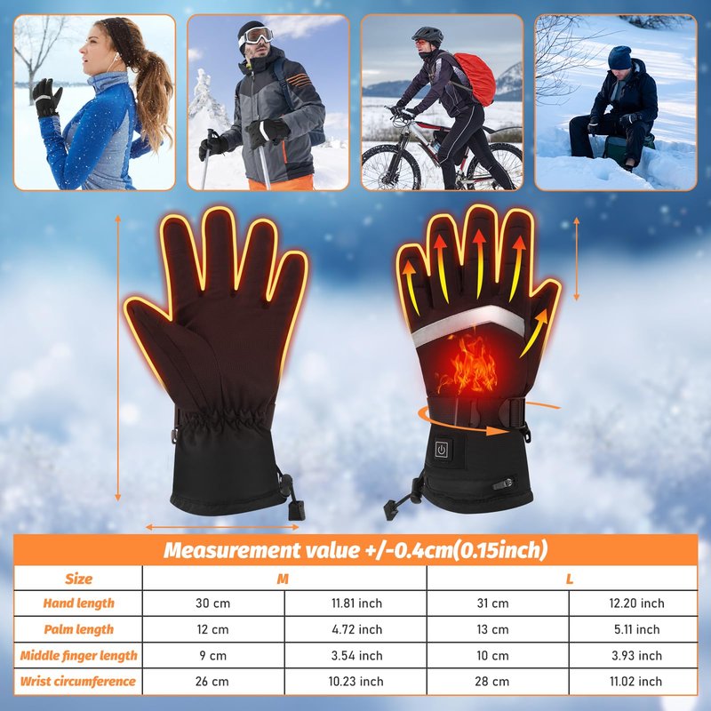 Heated Gloves for Men Women - 5V 5000mAh Rechargeable Heating Gloves 3 Heating Levels Electric Non-Slip Heated Gloves, Hand Warmer for Winter Skiing Motorcycle Cycling Camping (Black, L)