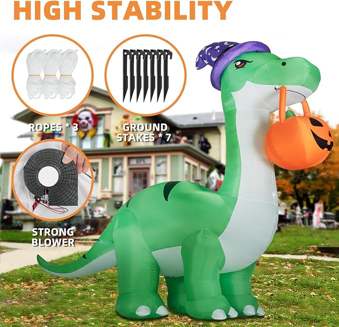 10FT Halloween Inflatable Huge Dinosaur Decorations Outdoor, Blow Up Yard Decorations Built-in LED Lights,Halloween Party Decorations with Witch Hat and Pumpkin,for Garden/Lawn.
