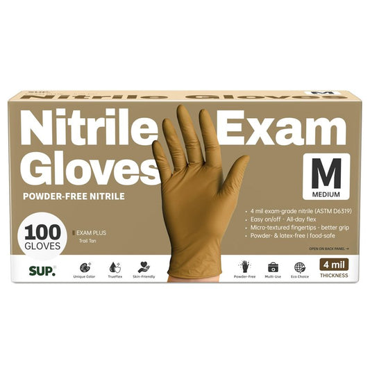 SUP Powder-Free Nitrile Exam Gloves, 100 Count Food Safe Latex-Free Disposable Gloves for Medical Cooking Cleaning Food Prep, Tan (Medium)