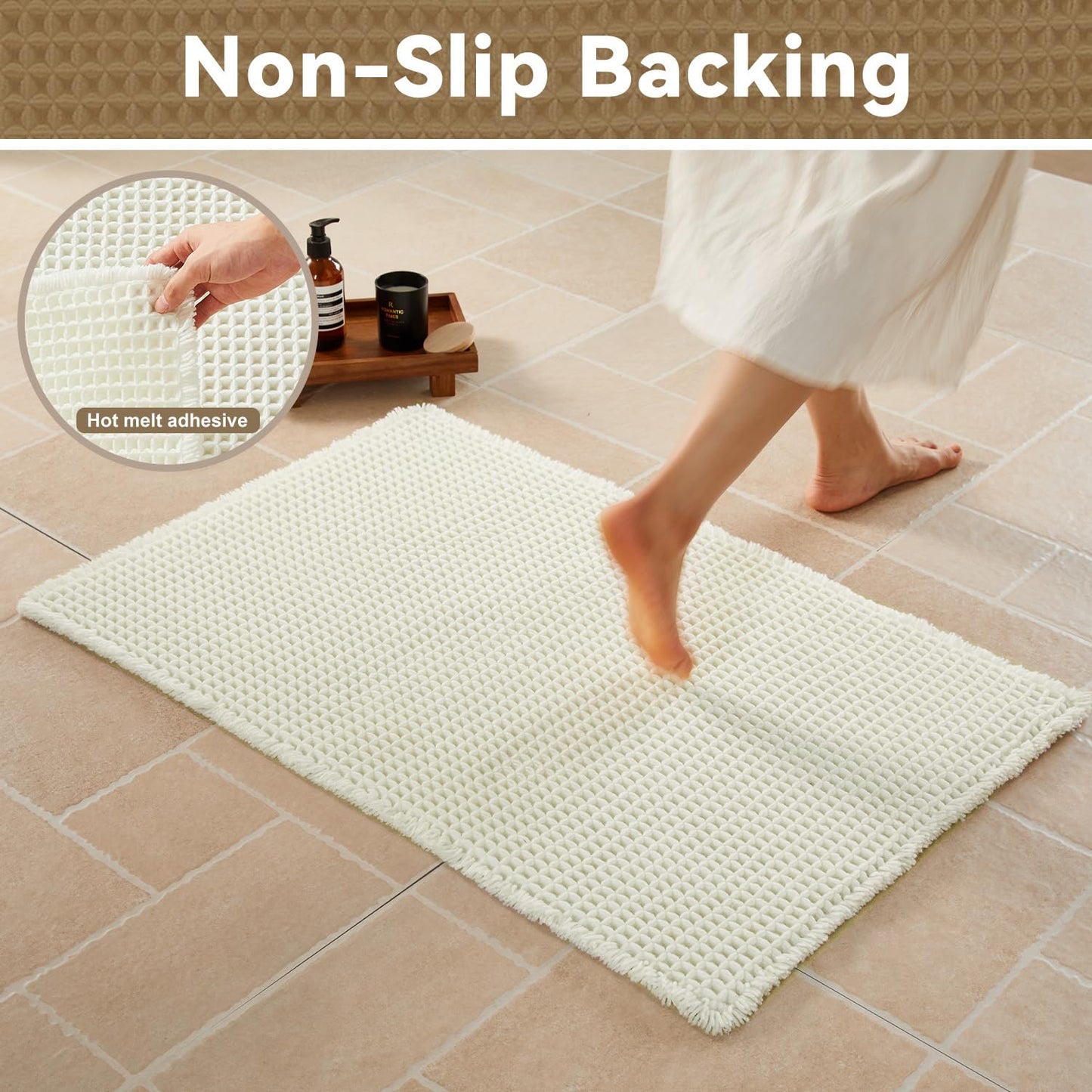 Triohero Waffle Bath Mat, Small Boho Bathroom Rugs Non Slip Washable, Ultra Soft Super Absorbent Quick Dry Farmhouse Bathroom Decor, 16" x 24", Cream White
