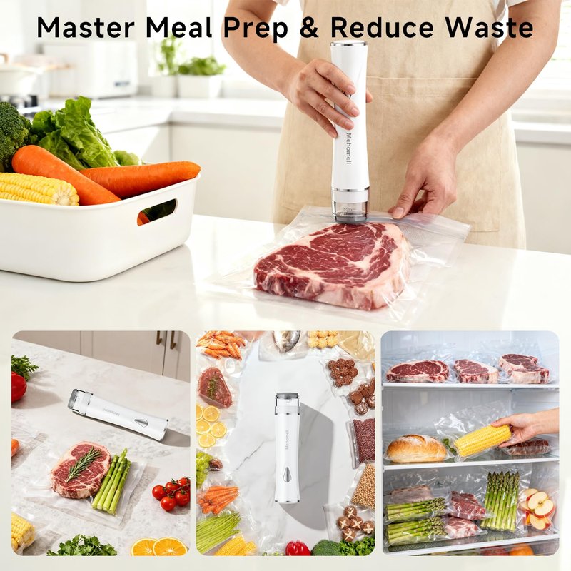 Mehomeli Compact Vacuum Sealer for Food (Vacuum Sealer Machine + 10 Reusable Vacuum Bags), Powerful Handheld Vacuum Sealer Machine, Seal Food 6X Fresh Longer, Portable & Wireless, Easy-Clean