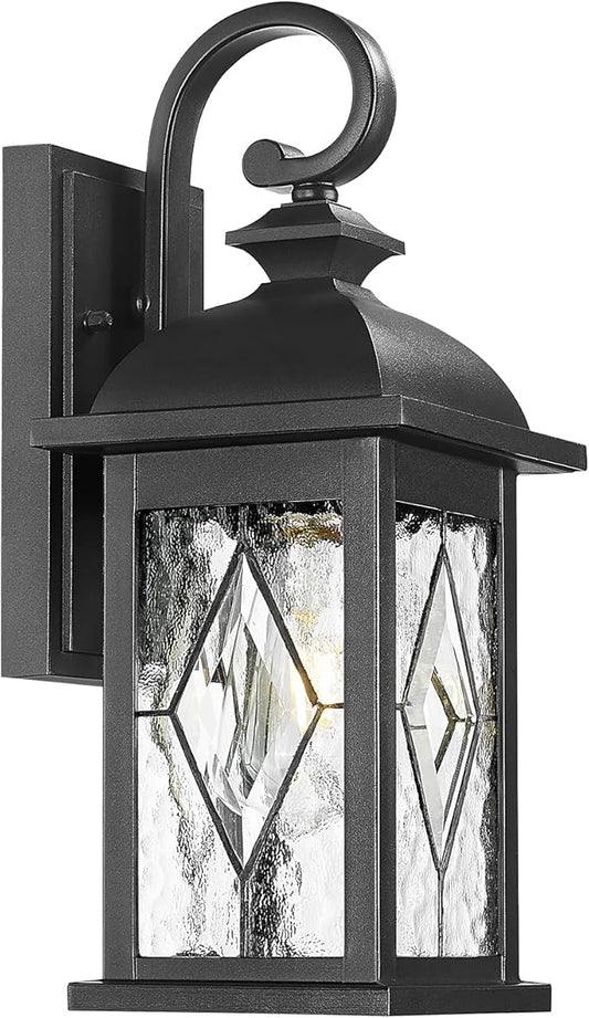 FEMILA Outdoor Wall Light Fixture,1-Light Exterior Waterproof Wall Sconce, Front Porch Lights, Matte Black Finish with Water Ripple Glass,E26 Socket, 4FD54B BK-SD