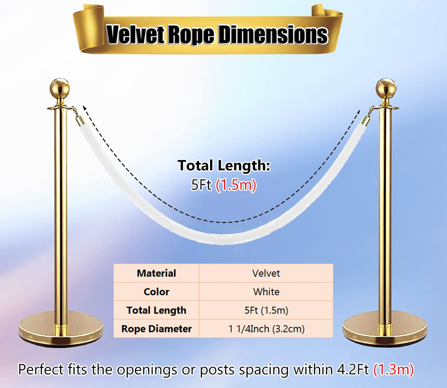 Hrokz 5 Ft Velvet Stanchion Ropes White, 4 Pack Crowd Control Rope Safety Queue Barrier with Gold Hook, VIP Rope for Party Events Decor